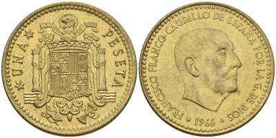 Испания 1 песета 1966 (75) Франциско Франко (1939-1975) КМ 796 алюминиевая бронза 4604-423
