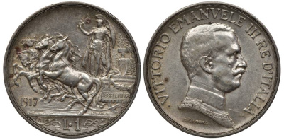 Италия 1 лира 1917 R, квадрига, Виктор Эммануил III (1900-1948) KM 57 серебро    4544-414