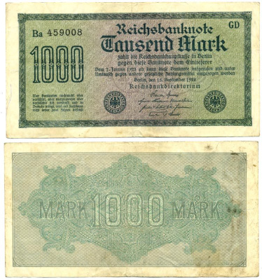 ГЕРМАНИЯ 1000 МАРОК 1922 15 СЕНТЯБРЯ 1922, ВОДЯНОЙ ЗНАК E, БЕЛАЯ БУМАГА Pick 76a бумага 7548-57-3