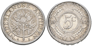 Нидерландские Антилы 5 центов 1992 Беатрикс (1980-2013) KM 33 алюминий 188-1237