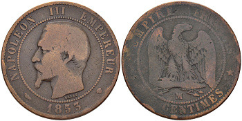 ФРАНЦИЯ 10 САНТИМОВ 1853 МА, НАПОЛЕОН III (1852-1870) KM 771.6 бронза 97-1242