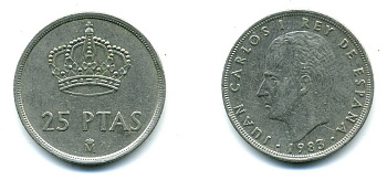 Испания 25 песет 1983 Хуан Карлос I (1975-2014) KM 824 медно-никель 51-5154