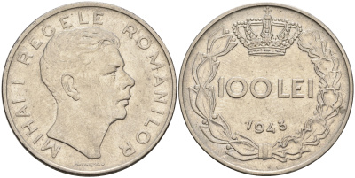 Румыния 100 леев 1943 Михай I (1940-1947) KM 64 сталь плакированная никелем aUNC 4680-931