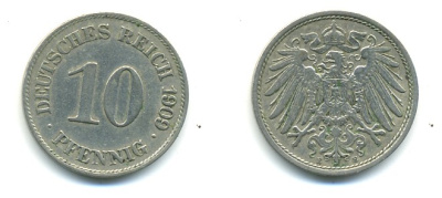 ГЕРМАНИЯ 10 ПФЕННИГОВ 1909 E KM 12, J. 13 медно-никель 4379-838