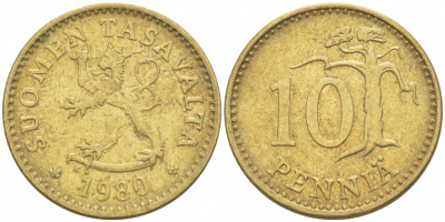 ФИНЛЯНДИЯ 10 ПЕННИ 1980 K КМ 46 алюминиевая бронза 3309-311