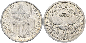 Французская Новая Каледония 2 франка 2009 птица кагу, (IEOM) KM 14, Schoen 11 алюминий    27-127
