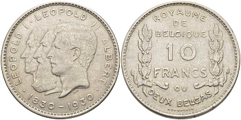 Бельгия 10 франков 1930 100 лет независимости (1830-1930), Леопольд I,  Леопольд II, Альберт I, Belgique KM 99 никель    1519-111