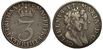 Англия 3 пенса 1689 Вильгельм II и Мария II (1688-1694) KM 470.1, Spink 3441 серебро 00-822-71