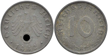 ГЕРМАНИЯ 10 РЕЙХСПФЕННИГОВ 1942 В KM 101, J. 371 цинк 202-312