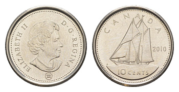 Канада 10 центов 2010 Leaf, Елизавета II (1952-2022), парусник KM 492 сталь плакированная никелем UNC 4630-864
