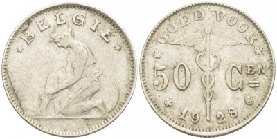 БЕЛЬГИЯ 50 САНТИМОВ 1928 BELGIE KM 88 никель 261-1168