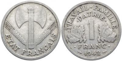 ФРАНЦИЯ 1 ФРАНК 1942 LB, ТИП LOURDЕ, ПРАВИТЕЛЬСТВО ВИШИ KM 902.1, LE FRANC 222.2 алюминий 4448-321