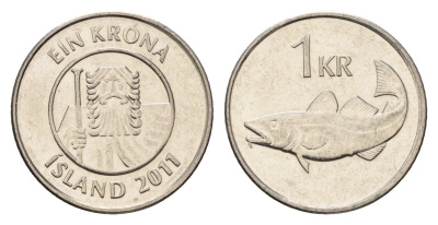 Исландия 1 крона 2011 треска KM 27a сталь плакированная никелем UNC 4691-625
