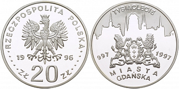 Польша 20 злотых 1996 MW, 1000 летие Гданьска KM 319 серебро PROOF 1084-6-43