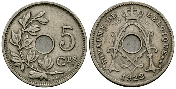 Бельгия 5 сантимов 1922 Belgique KM 66 медно-никель 4173-513