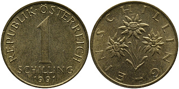 АВСТРИЯ 1 ШИЛЛИНГ 1991 KM 2886 алюминиевая бронза 33-552