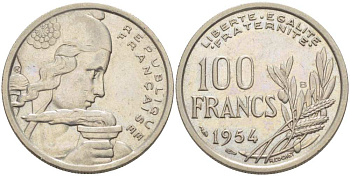 ФРАНЦИЯ 100 ФРАНКОВ 1954 KM 919.1, LE FRANC 450.2 медно-никель 217-322