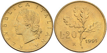 Италия 20 лир 1991 R, дубовый лист KM 97.2 алюминиевая бронза  UNC  4594-825