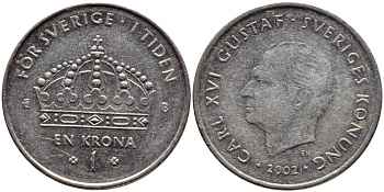 Швеция 1 крона 2002 Карл XVI Густав (1973- ) KM 894 медно-никель 4380-515