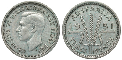 Австралия 3 пенса 1951 m, Георг VI (1937-1952), без букв KM 44 серебро 71-316