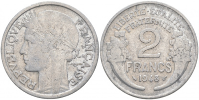 Франция 2 франка 1948 KM 886а.1 алюминий 3855-645