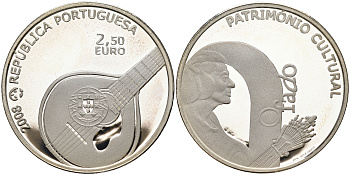 Португалия 2 1/2 евро 2008 серия культурное наследие Европы, певица Амалия Родригес, гитара фаду с гербом Португалии KM 783а серебро PROOF 01-167-11