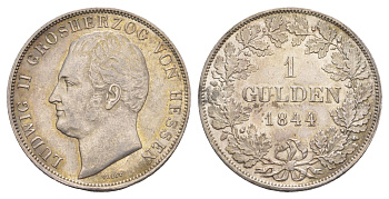 Гессен-Дармштадт 1 гульден 1844 Людвиг II (1830-1848) KM 309, AKS 105, J. 39 серебро aUNC 00-822-87