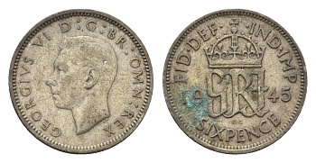 Великобритания 6 пенсов 1945 Георг VI (1936-1952) KM 852, Spink 4084 серебро 4647-131