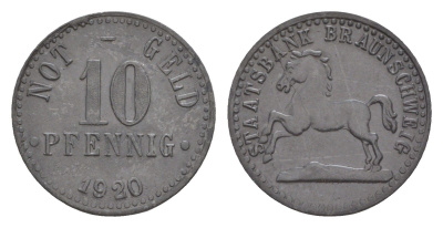 Брауншвейг 10 пфеннигов 1920 Funck 56.8, Men05 3477.2, Men18 4416.2 цинк 4636-913