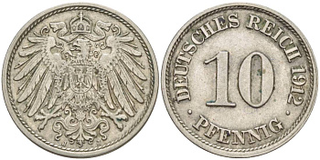 Германия 10 пфеннигов 1912 J KM 12, Jager 13, Weege 8 медно-никель 219-226