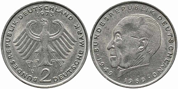 ФРГ 2 МАРКИ 1973 D, КОНРАД АДЕНАУЭР KM 124, J. 406 медно-никель плакированный никелем 113-142