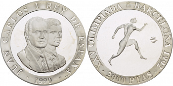 Испания 2000 песет 1990 XXV летние Олимпийские игры 1992 года в Барселоне, бег KM 864 серебро PROOF 02-090-33