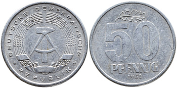 ГДР 50 ПФЕННИГОВ 1958 А KM 12.1 алюминий 4391-1226