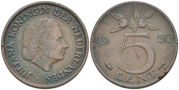 НИДЕРЛАНДЫ 5 ЦЕНТОВ 1950 ЮЛИАНА (1948-1980) KM 181 бронза 213-1013
