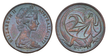 Австралия 2 цента 1972 Елизавета II (1952-2022), плащеносная ящерица KM 63 бронза 4655-1235