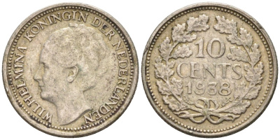 Нидерланды 10 центов 1938 Вильгельмина I (1890-1948) KM 163 серебро 188-913