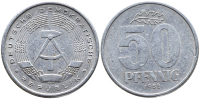 ГДР 50 ПФЕННИГОВ 1958 А KM 12.1 алюминий 4391-1226