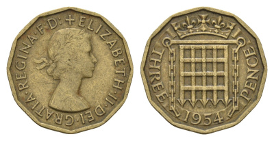 Великобритания 3 пенса 1954 Елизавета II (1952-2022) KM 900, Spink 4153 никель латунь 77-631