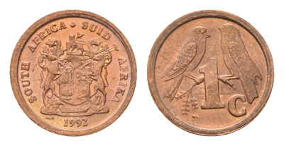 ЮАР 1 цент 1992 герб, капские воробьи KM 132 сталь плакированная медью UNC 4690-1269