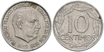Испания 10 сентимо 1959 Франсиско Франко (1939-1975) KM 790 алюминий 4602-1225
