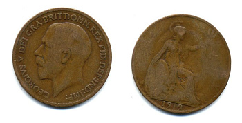 Великобритания 1 пенни 1919 Георг V (1910-1936) КМ 810, Spink 4051 бронза 47-321