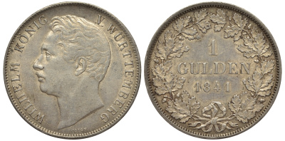 Вюртемберг 1 гульден 1841 Вильгельм I (1816-1864) KM 574, AKS 85, Jaeger 70 серебро 00-00