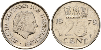 Нидерланды 25 центов 1979 Юлиана (1949-1980) KM 183 никель    4598-531