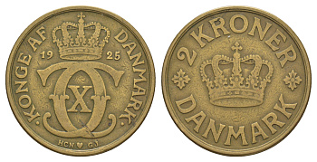 Дания 2 кроны 1925 HCN; GJ, Кристиан X (1912-1947) KM 825 алюминиевая бронза 82-215