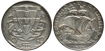 Португалия 2,5 эскудо 1948 парусник, самый редкий год KM 580 серебро  XF  1530-521