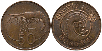 Исландия 50 эйре 1981 креветка KM 26 бронза 181-632