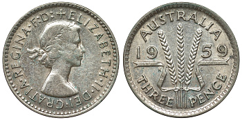 Австралия 3 пенса 1959 m, Елизавета II (1952-2022) KM 57 серебро 71-614