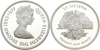 Остров Святой Елены 25 пенсов 1977 25 лет правления Елизаветы II (1952-1977), черепаха, тираж 25000 экз. KM 6а серебро PROOF 00-00-00