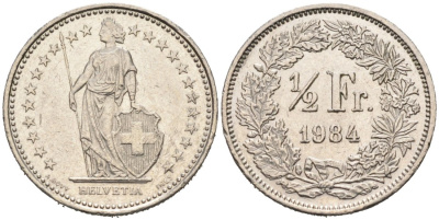 Швейцария 1/2 франка 1984 КМ 23а медно-никель 4567-538