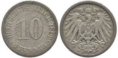 Германия 10 пфеннигов 1899 E KM 12, Jager 13, Weege 8 медно-никель 219-322